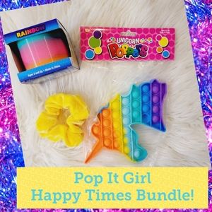 Pop It Girl, Rainbow Unicorn Pop It, Yellow Scrunchie, Rainbow Slinky, Bundle!
